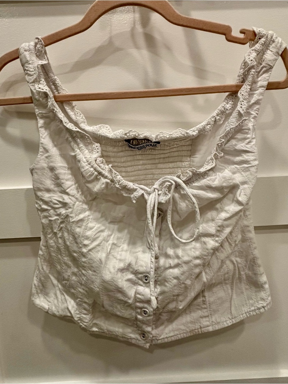 Princess Polly White Lace-Trim Button Crop Top